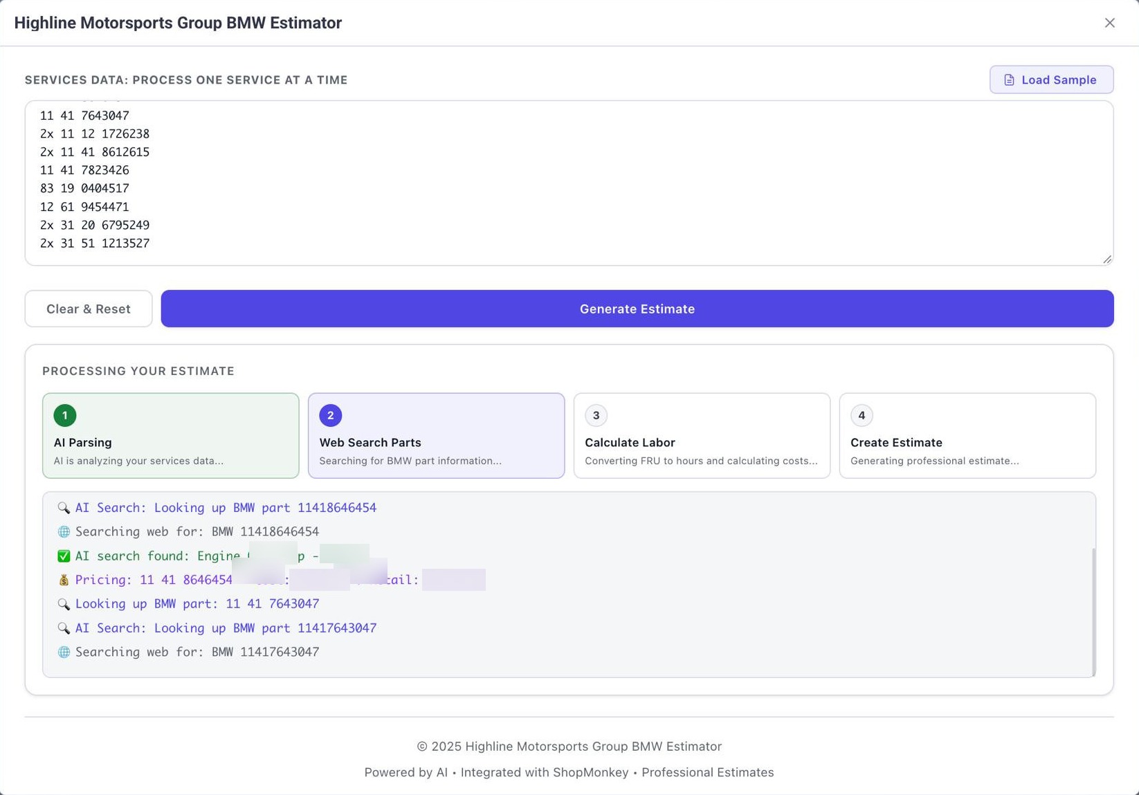 The BMW Estimator expanded over a Shopmonkey work order: a paste box of BMW part numbers with quantities, a Generate Estimate button, a four-stage progress strip and a live log of each part being searched for and priced.
