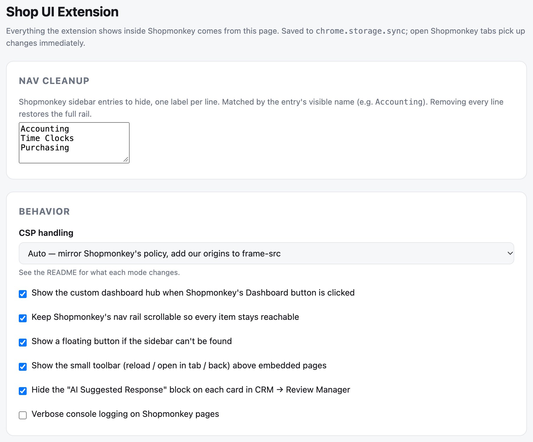 The extension's options page: a Nav Cleanup box listing Accounting, Time Clocks and Purchasing as sidebar entries to hide, and a Behavior section with a CSP handling dropdown and checkboxes for showing the custom dashboard hub, keeping the nav rail scrollable, a floating button if the sidebar cannot be found, the small toolbar above embedded pages, hiding the AI Suggested Response block in Review Manager, and verbose console logging.