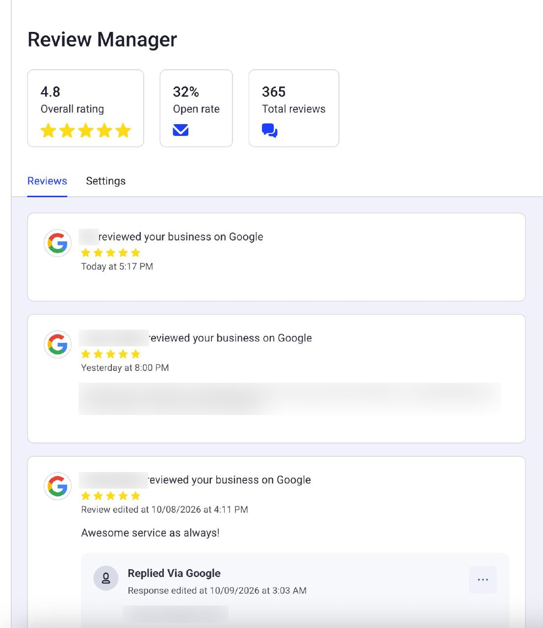 Shopmonkey's Review Manager with the AI Suggested Response block hidden: the 4.8 overall rating, 32 percent open rate and 365 total reviews across the top, then a feed of Google reviews with the shop's own replies under them.
