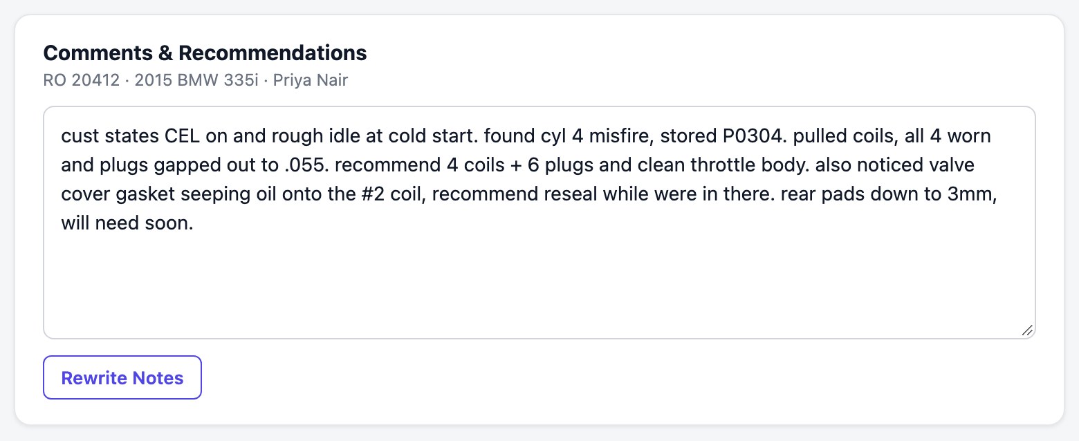The Comments & Recommendations box on RO 20412, a 2015 BMW 335i for Priya Nair, holding a technician's rough note about a cylinder 4 misfire with code P0304, four worn coils, plugs gapped out to .055, a seeping valve cover gasket and rear pads down to 3 mm, with a Rewrite Notes button beneath it.