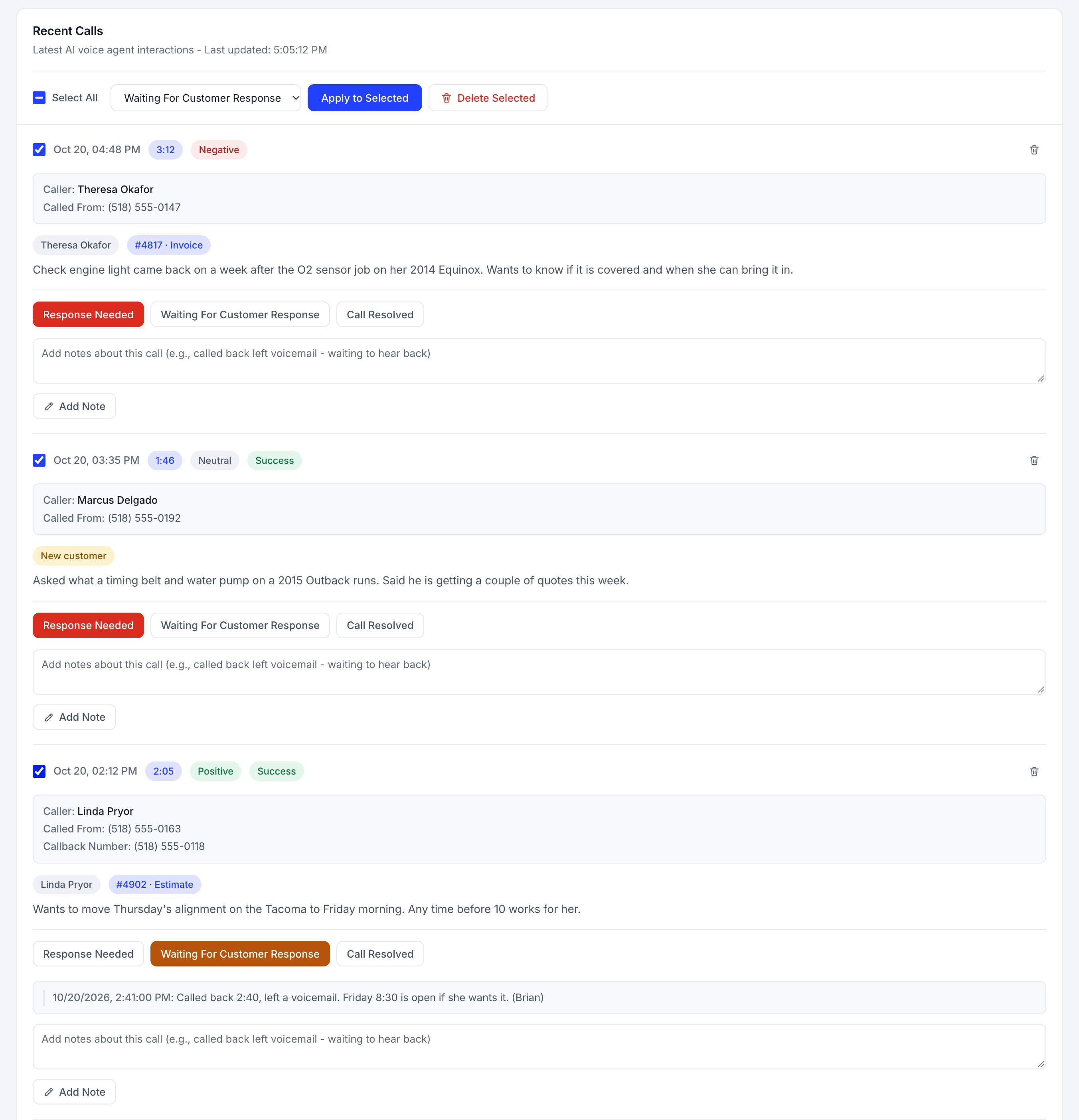 The Recent Calls card with the bulk bar showing under its heading: a Select All checkbox in its partly checked state, a status dropdown reading Waiting For Customer Response, a blue Apply to Selected button and a Delete Selected button. Below the bar the first three calls, Theresa Okafor, Marcus Delgado and Linda Pryor, each with its checkbox ticked, their own status buttons still reading Response Needed, Response Needed and Waiting For Customer Response.